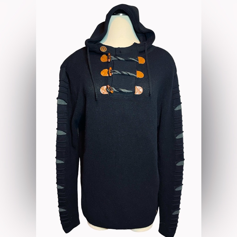 LCR Black Edition Men's Black Pullover Sweater Hoodie Leather Detail